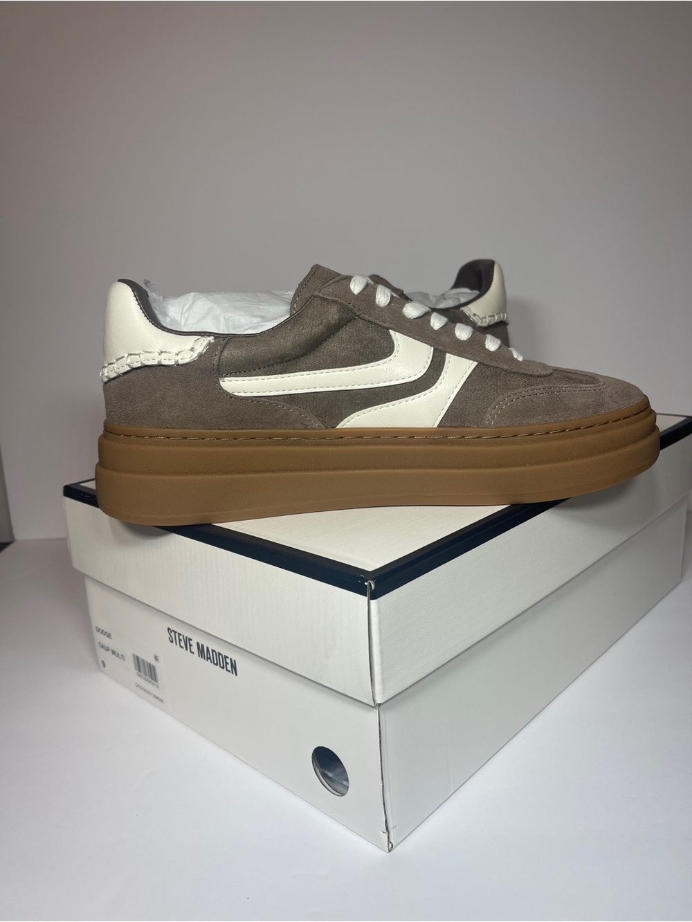 Steve Madden Dodge Espresso Taupe Suede Sneakers with White Stripes. - Picture 4 of 7